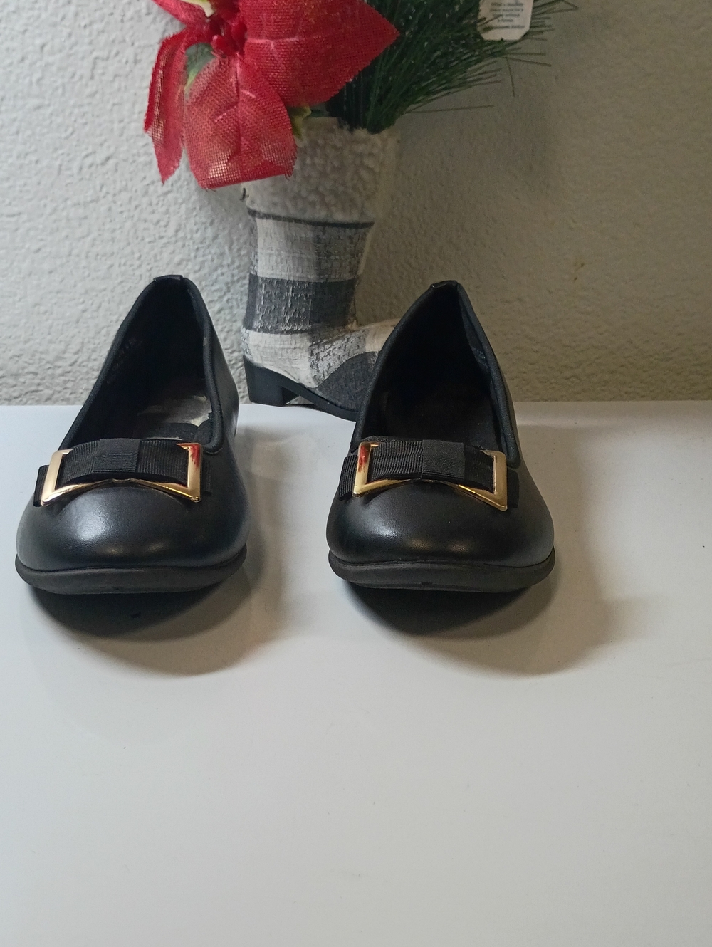 Women's Black Ballet Flats with Gold Buckle Accent